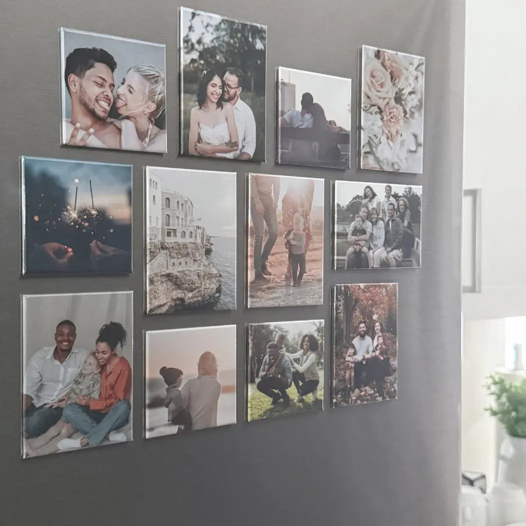 A modern fridge decorated with custom photo magnets featuring family and travel memories, showing how Ink and Magnets pieces create a magnetic photo gallery at home.