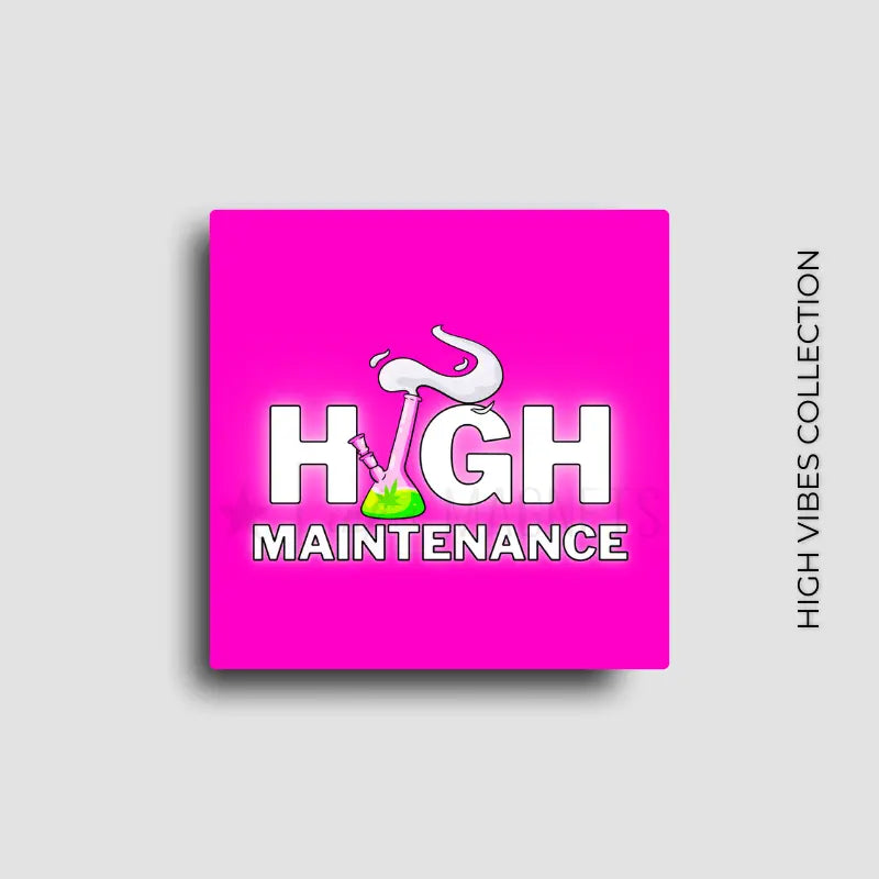 Bold cannabis culture themed novelty fridge magnet from our high vibes collection. Bold pink background, custom designed button magnet.