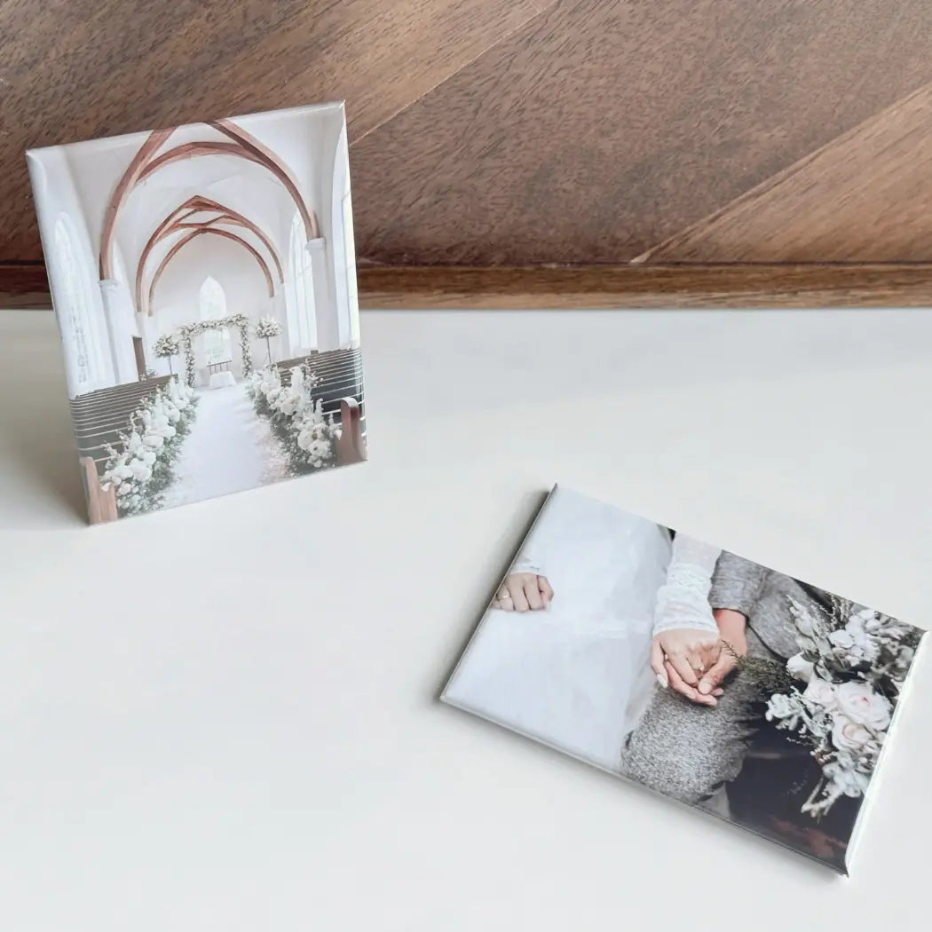 Custom photo fridge magnets using wedding photographs. Personalized favors or gifts for wedding.