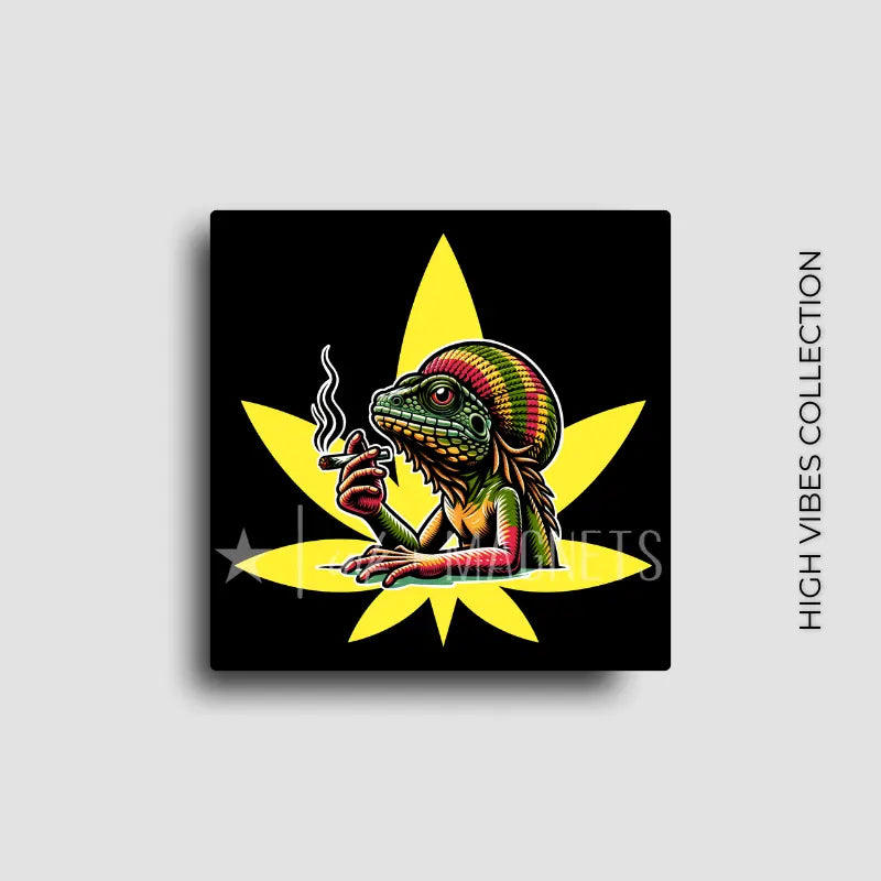420 friendly novelty fridge magnet design of a colorful lizard smoking with a yellow cannabis leaf background, dispensary merch or gift.