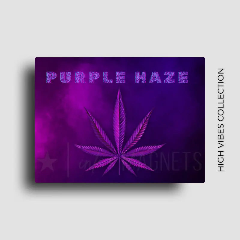 novelty fridge magnet with purple specialty cannabis leaf for gifts for dispensary POS merch. Custom printed button magnet.