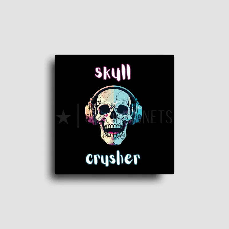 Skull head wearing over the ear headphones, novelty fridge magnet for music lovers.
