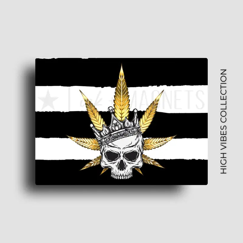 Skull and weed leaf cannabis culture novelty fridge magnet for gifts or dispensary merch.