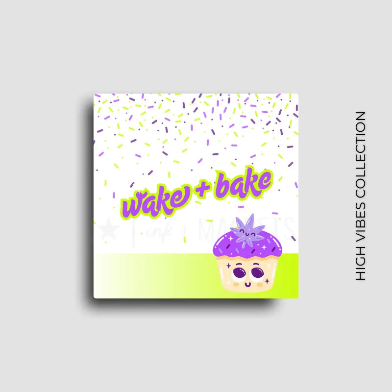Wake and bake vibrant marijuana themed novelty fridge magnet for 420 friendly gifts and decor. Bold and bright purple and green graphics on a white background, square button magnet.
