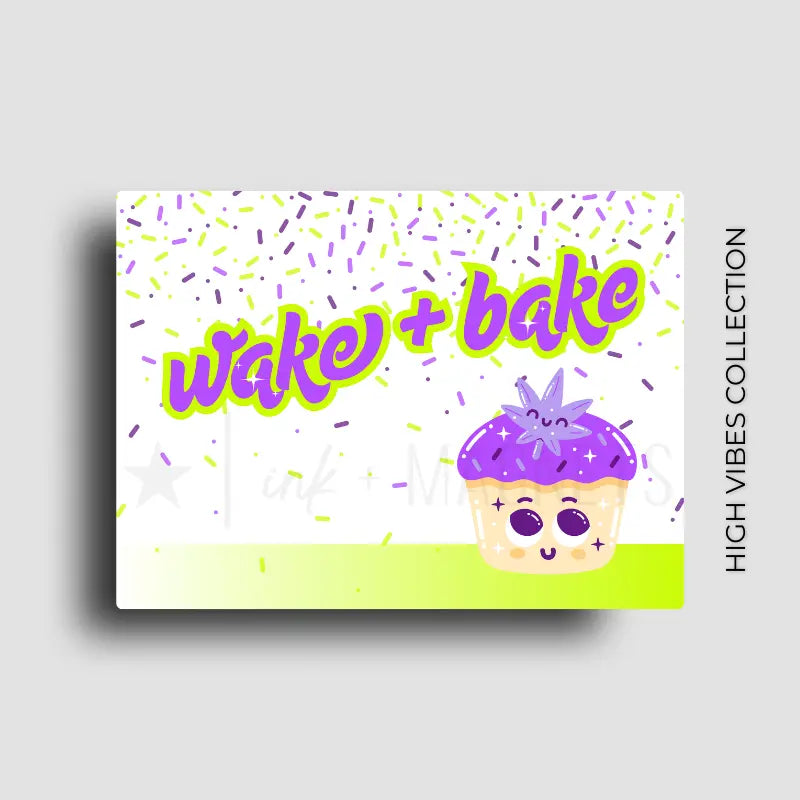 Wake and bake vibrant marijuana themed novelty fridge magnet for 420 friendly gifts and decor. Bold and bright purple and green graphics on a white background, rectangle button magnet.