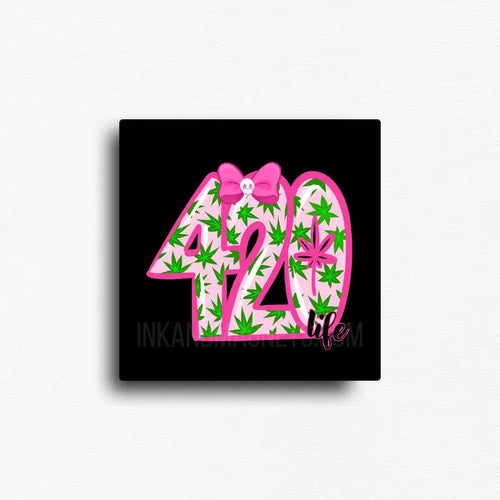 Cute 420 cannabis magnet with pink bow and mini skull and marijuana leaf pattern, novelty button magnet for display or gifting