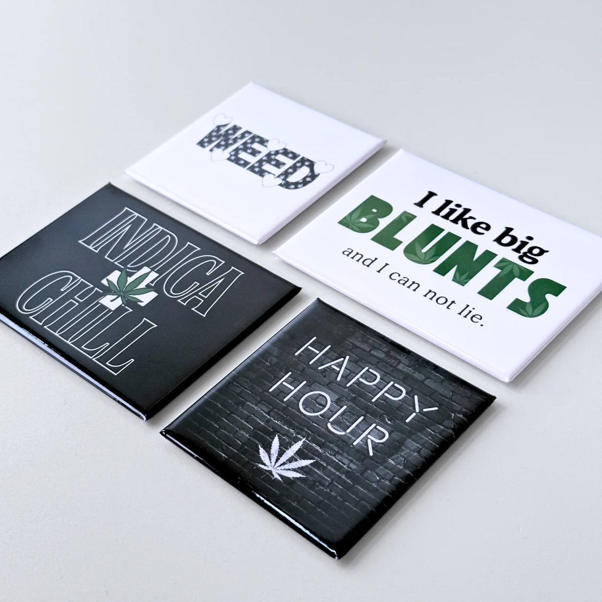420 friendly cannabis culture fridge magnets featuring 4 designs from the ink and magnet collection. Great accessories for lockers, magnetic boards, and gifting.