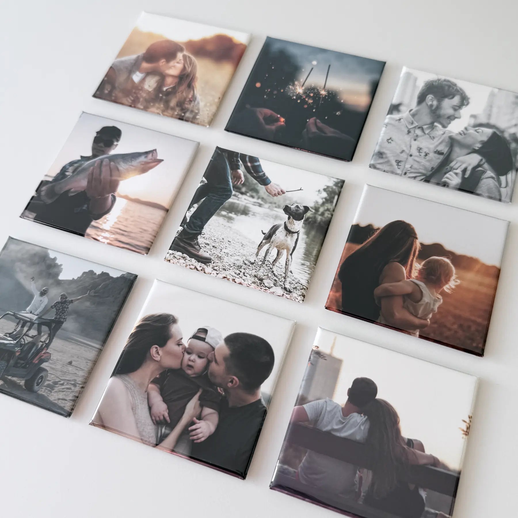Custom photo magnets featuring lifestyle moments with family, pets, and outdoor adventures displayed on a white surface, perfect personalized keepsake gifts.