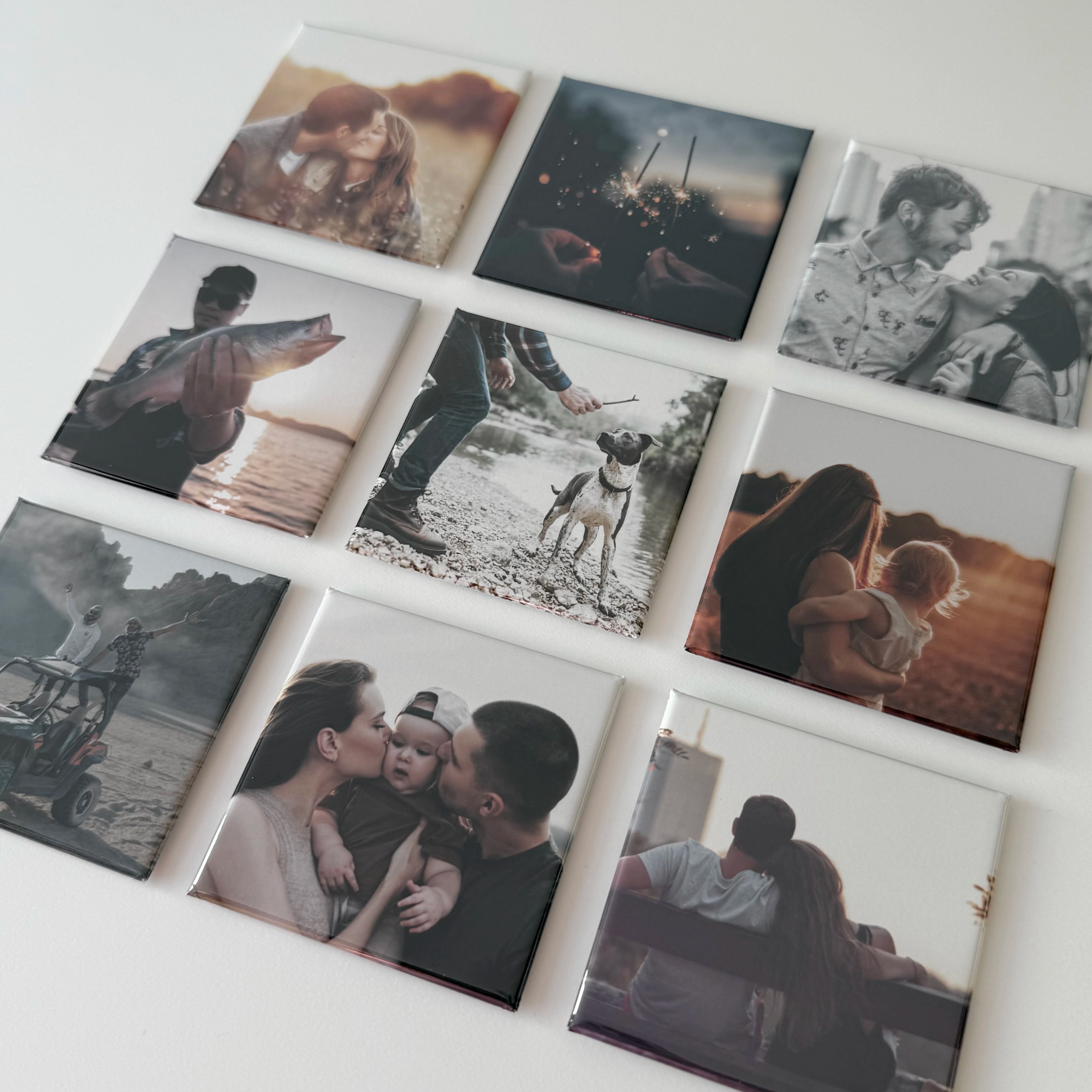 Custom photo magnets featuring lifestyle moments with family, pets, and outdoor adventures displayed on a white surface, perfect personalized keepsake gifts.