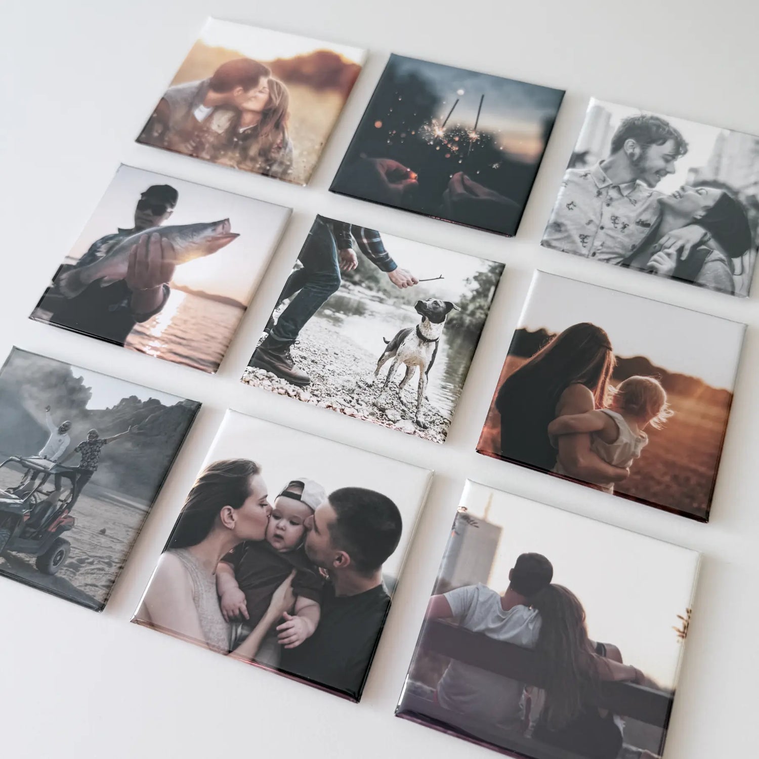 Custom photo magnet collage featuring lifestyle moments with family, pets, and outdoor adventures displayed on a white surface, perfect personalized keepsake gifts.
