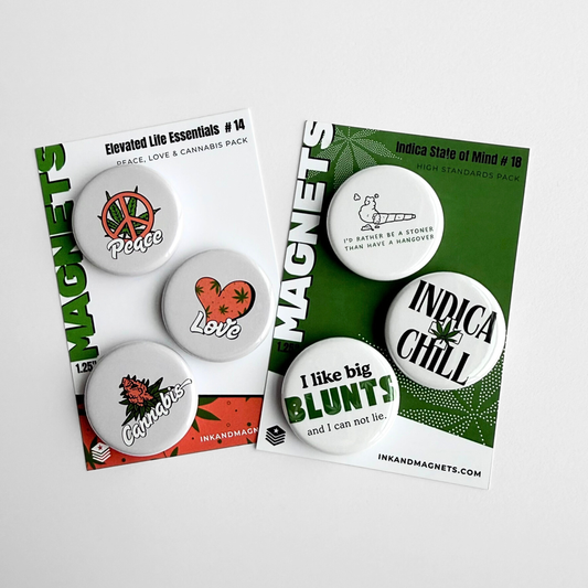 Cannabis culture novelty magnet pack featuring playful weed-themed designs like “Indica Chill” and “I Like Big Blunts,” displayed as collectible fridge magnets and available is PInbacks.