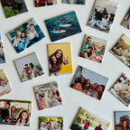 Colorful custom photo magnets by Ink and Magnets scattered on white, capturing beach trips, puppy love, family, and celebrations as magnetic keepsakes.