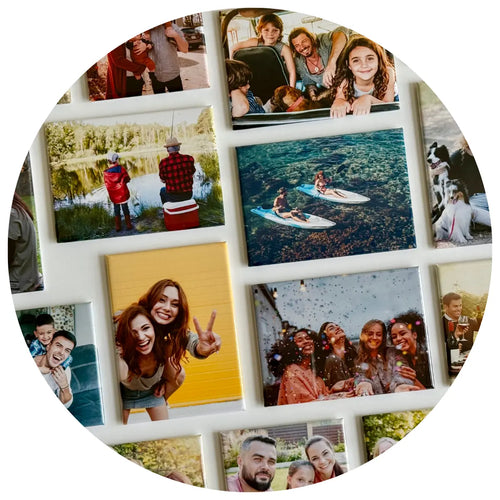 Custom photo fridge magnet collage featuring travel, family, friends, and pet photos, displayed as a personalized keepsake and memory-rich magnetic décor display.