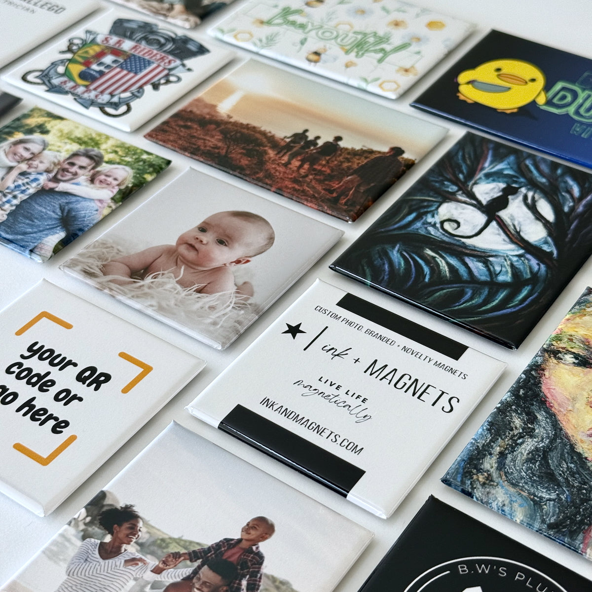 Collection of custom magnets with various designs, including photo keepsakes, branded promo magnets, and novelty designs.