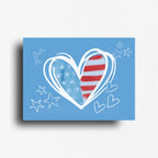 Rectangle fridge magnet featuring a heart-shaped design with American flag pattern on a blue background with stars and hearts showing love for the USA