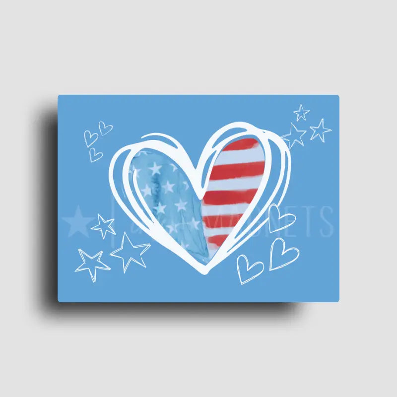 Rectangle fridge magnet featuring a heart-shaped design with American flag pattern on a blue background with stars and hearts showing love for the USA