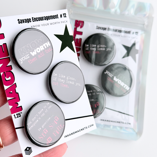 Ink and magnets savage encouragement pack number 12 featuring 3 small round button fridge magnets with a glossy finish. Retail card and packaging and gift ready. Made by ink and magnets in the USA.