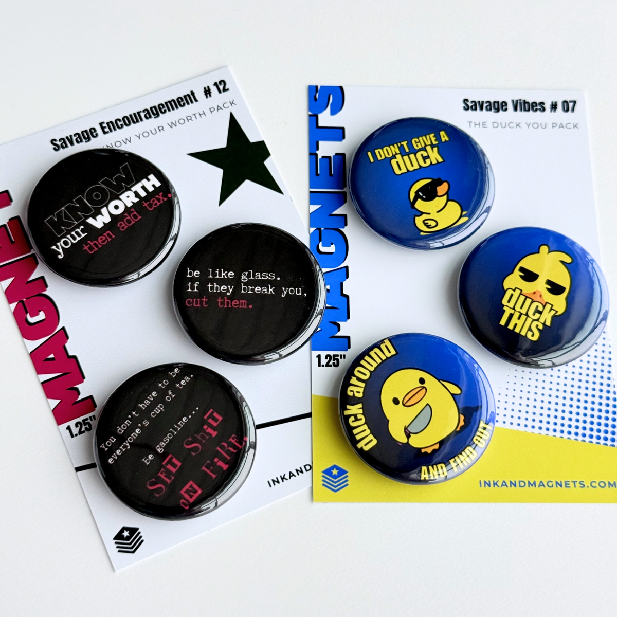 Two packages of button fridge magnets with humorous text and duck graphics. Great for gifting or display on fridge or office. Strong magnets to hold up all those to-do and grocery lists. And a small reminder not to take life too seriously.