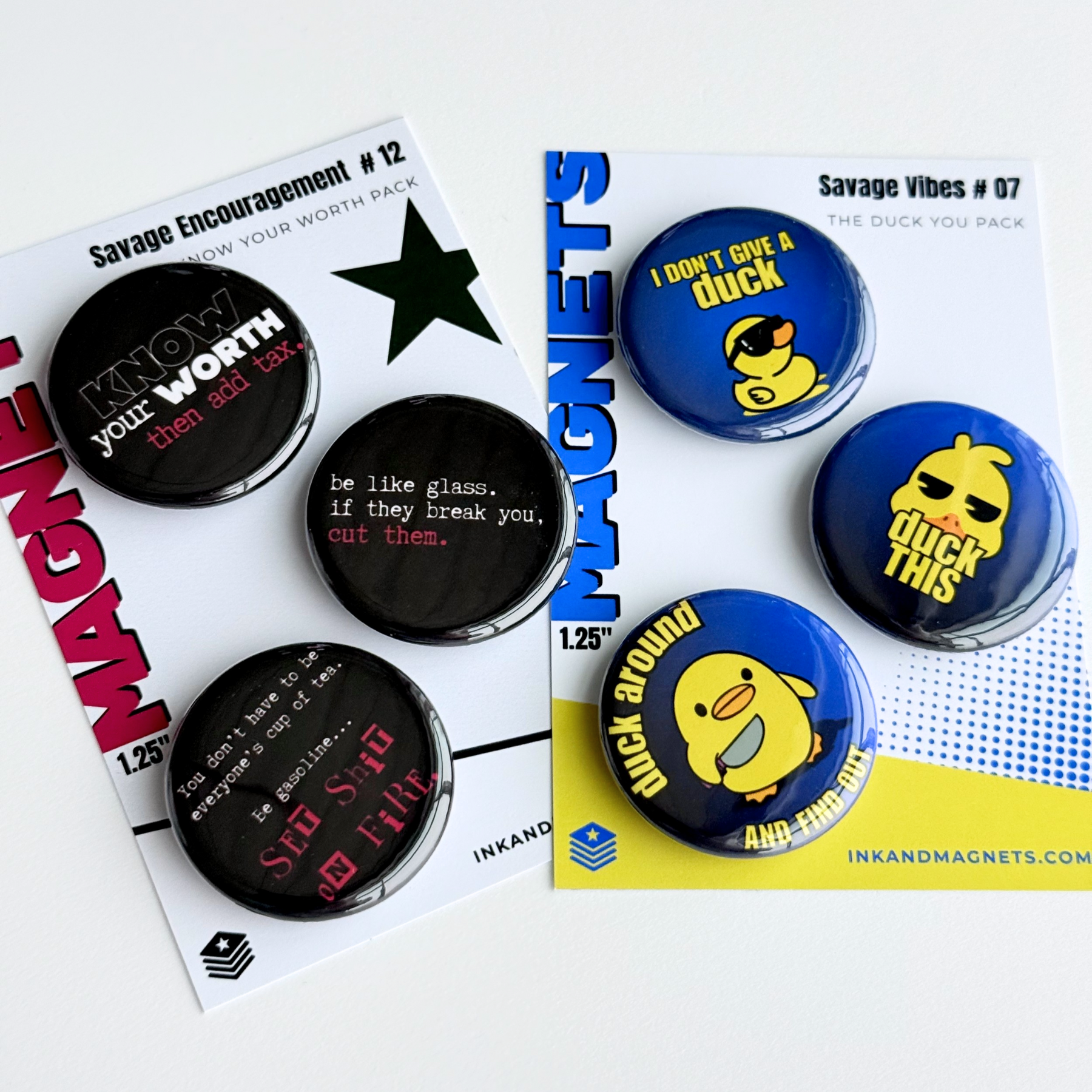 Two packages of button fridge magnets with humorous text and duck graphics. Great for gifting or display on fridge or office. Strong magnets to hold up all those to-do and grocery lists. And a small reminder not to take life too seriously.