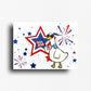 Rectangle fridge magnet featuring a goose wearing star sunglasses and bowtie, holding an american flag with red white and blue star background.