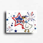 Rectangle fridge magnet featuring a goose wearing star sunglasses and bowtie, holding an american flag with red white and blue star background.