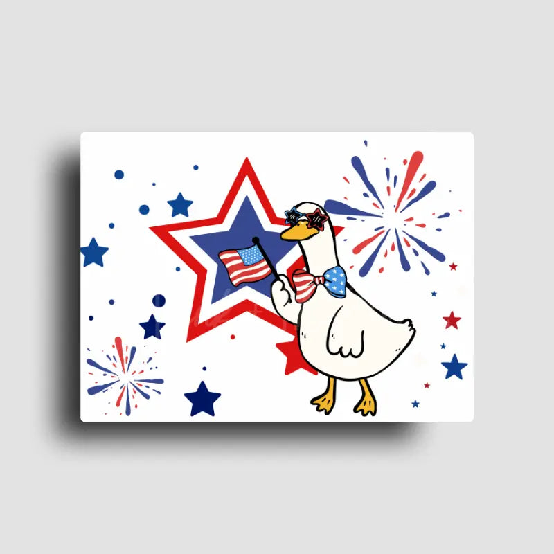 Rectangle fridge magnet featuring a goose wearing star sunglasses and bowtie, holding an american flag with red white and blue star background.