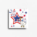 Square fridge magnet featuring a goose wearing star sunglasses and bowtie, holding an american flag with red white and blue star background.
