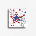 Square fridge magnet featuring a goose wearing star sunglasses and bowtie, holding an american flag with red white and blue star background.