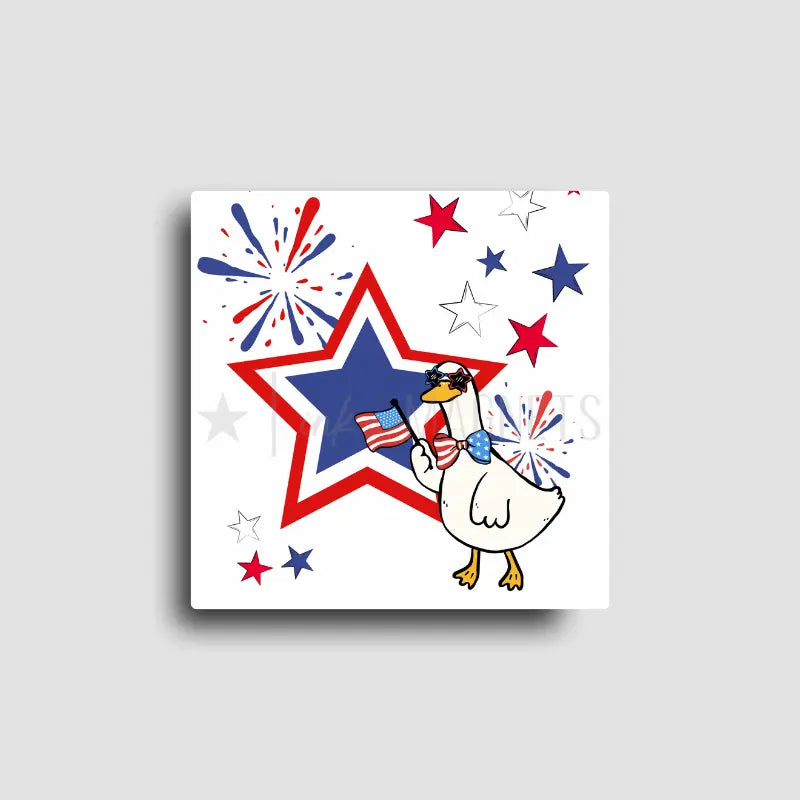 Square fridge magnet featuring a goose wearing star sunglasses and bowtie, holding an american flag with red white and blue star background.
