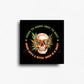 Ashes to ashes dust to dust cannabis novelty magnet with skull wearing sunglasses and leaf design, square button magnet.