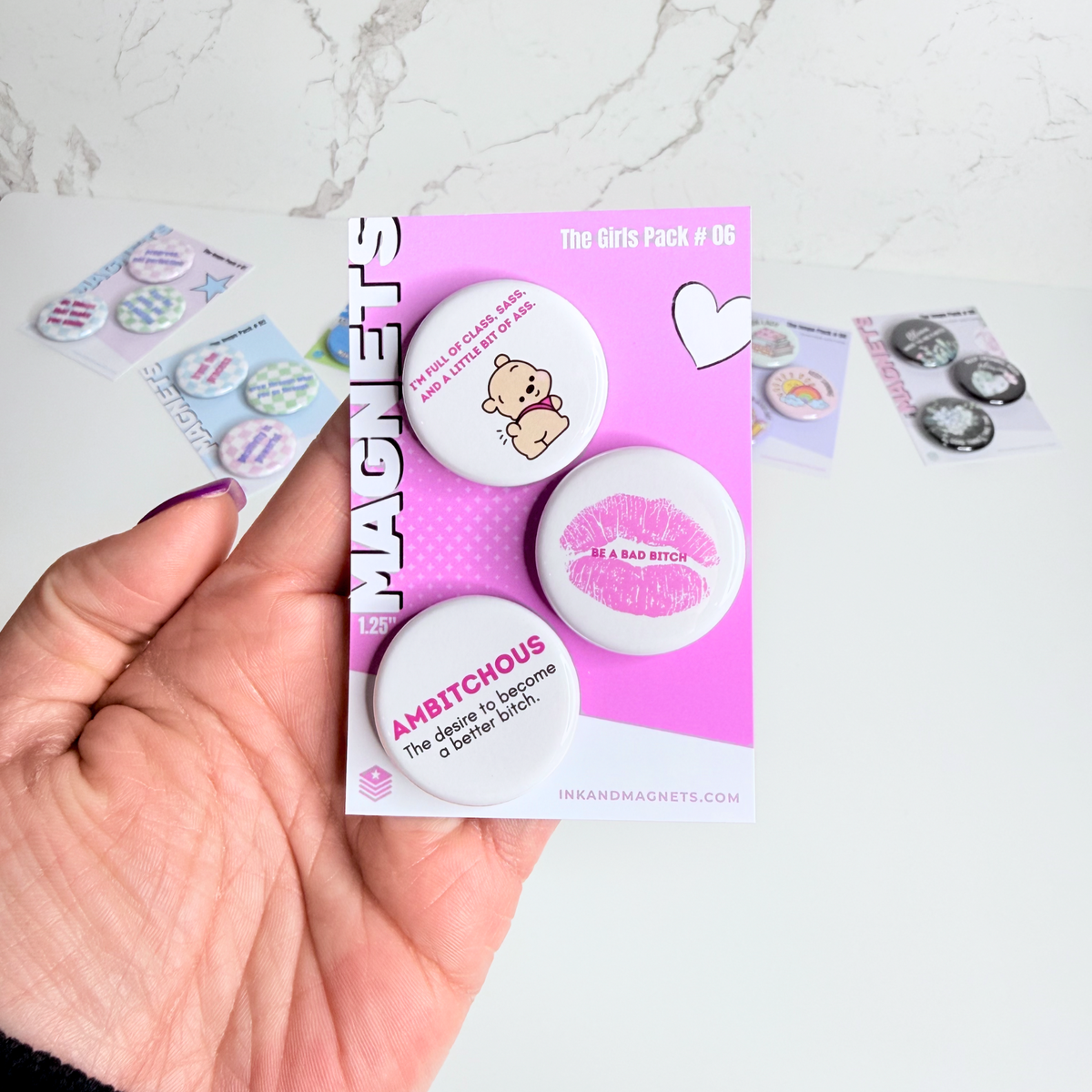 Magnetic buttons, 3 piece set of pink and white girls inspired designs to keep you motivated and a daily reminder that baddies don't always behave. 