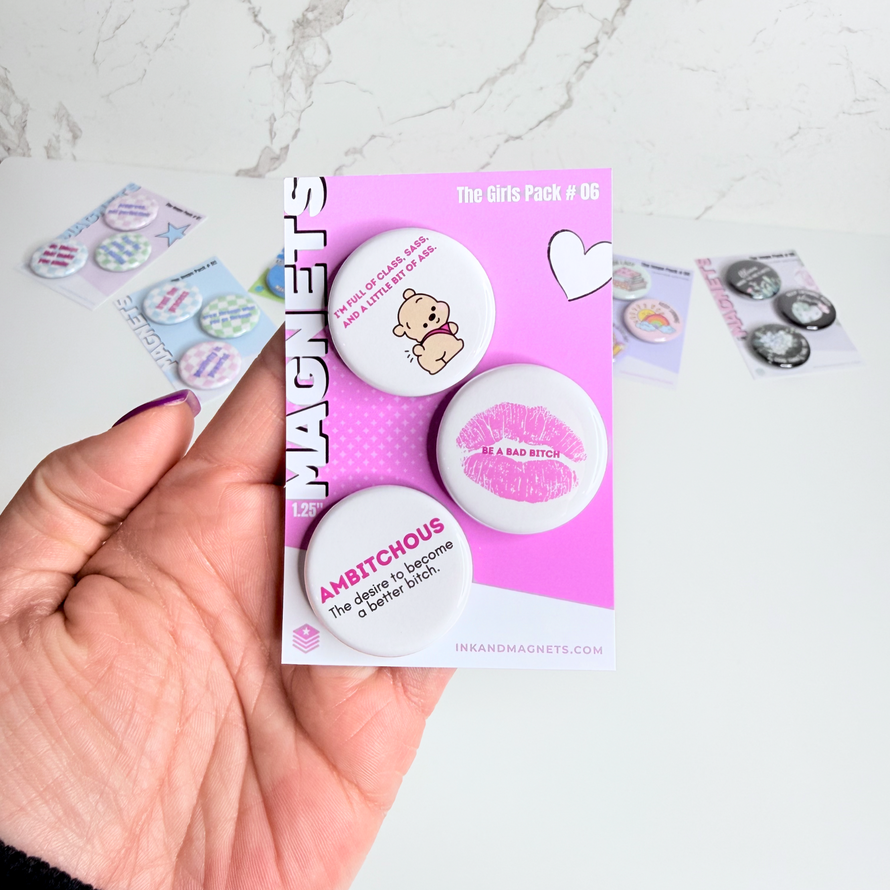 Magnetic buttons, 3 piece set of pink and white girls inspired designs to keep you motivated and a daily reminder that baddies don't always behave. 