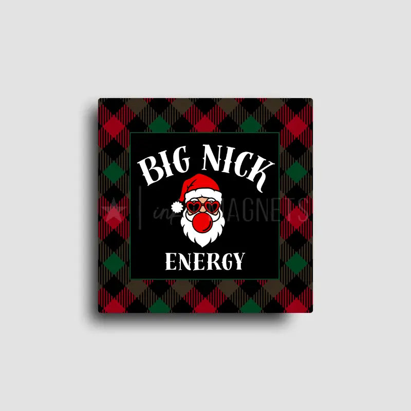 Fridge decor magnet for the christmas holiday season, bold plaid and a santa wearing heart sunglasses and blowing bubble gum. 