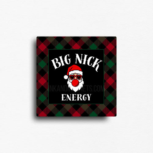 Fridge decor magnet for the christmas holiday season, bold plaid and a santa wearing heart sunglasses and blowing bubble gum. 