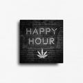 Happy Hour cannabis leaf magnet design on black brick background, shown as a novelty fridge magnet with bold graphic text
