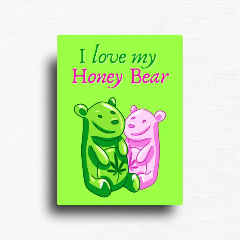 Honey bear novelty fridge magnet with green and pink cartoon bears and cannabis leaf design on bright green background