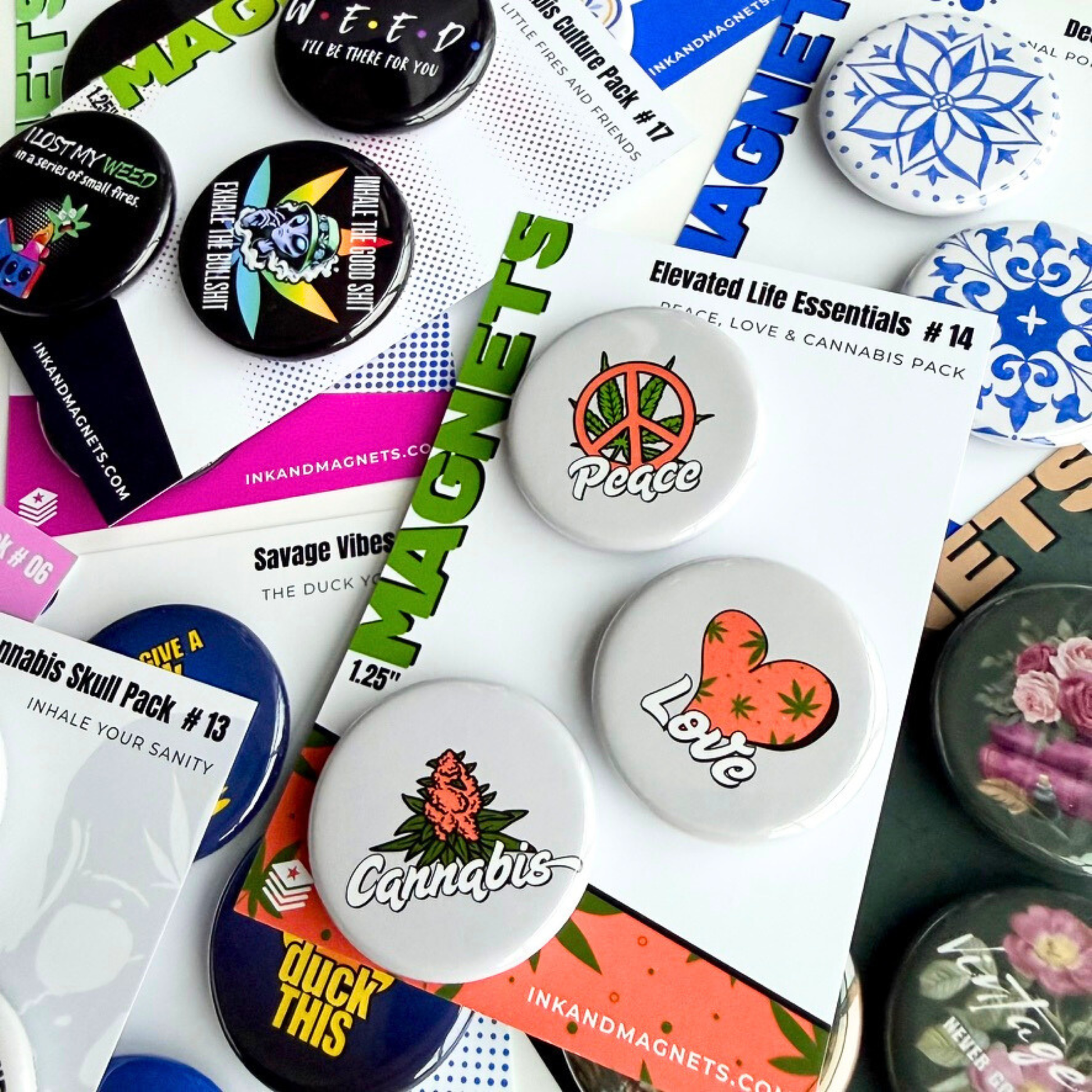 Assorted button magnet packs with novelty designs, including cannabis themed magnets, shown as a colorful fridge magnet collection