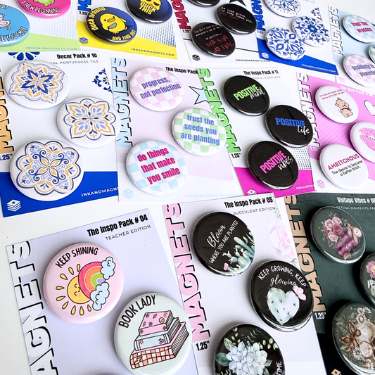 Collection of button magnet packs featuring various novelty designs, small round magnets displayed as a colorful fridge magnet set assortment.