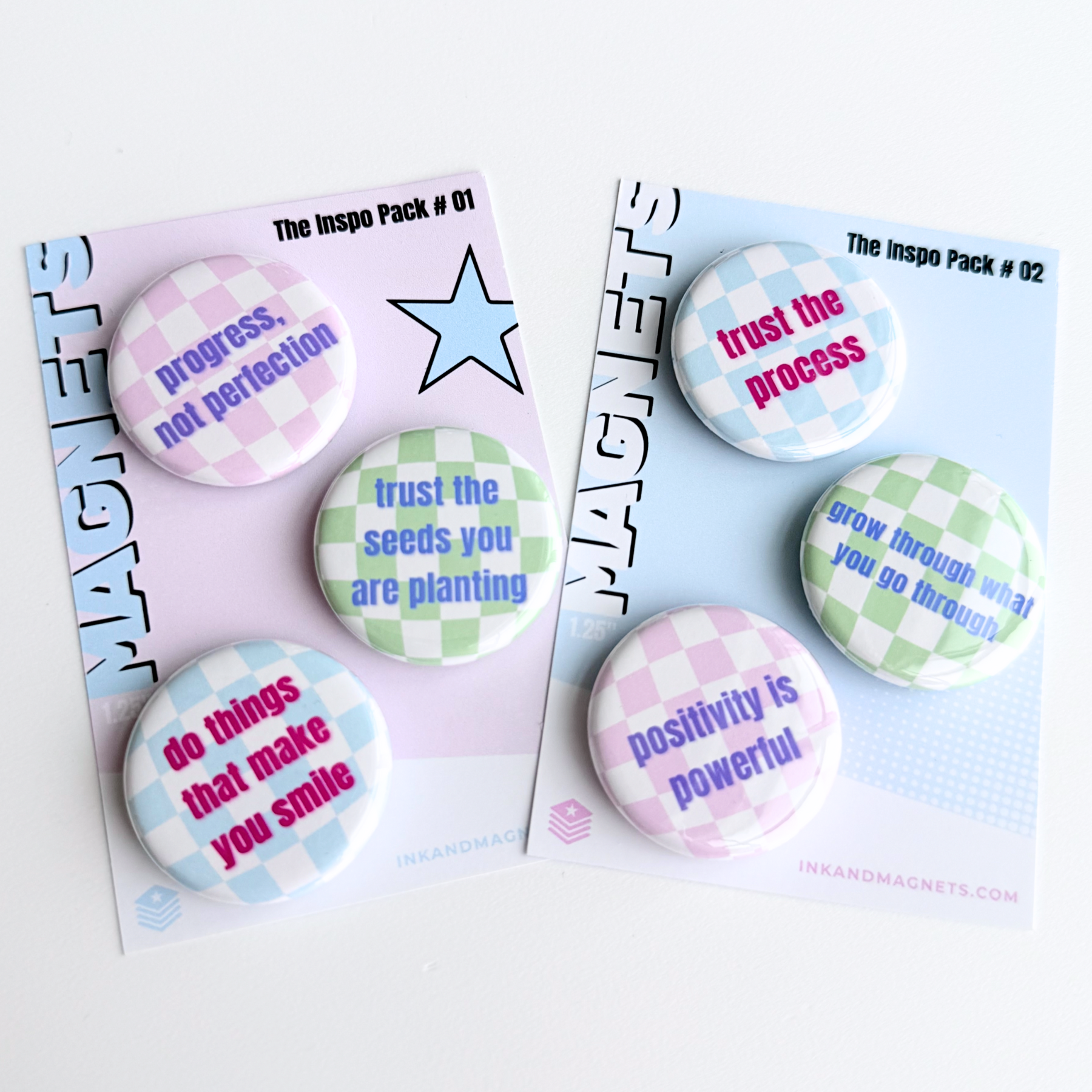 Set of motivational button magnets with pastel checkered designs. Inspo packs 1 and 2 proudly made in the USA by ink and magnets.