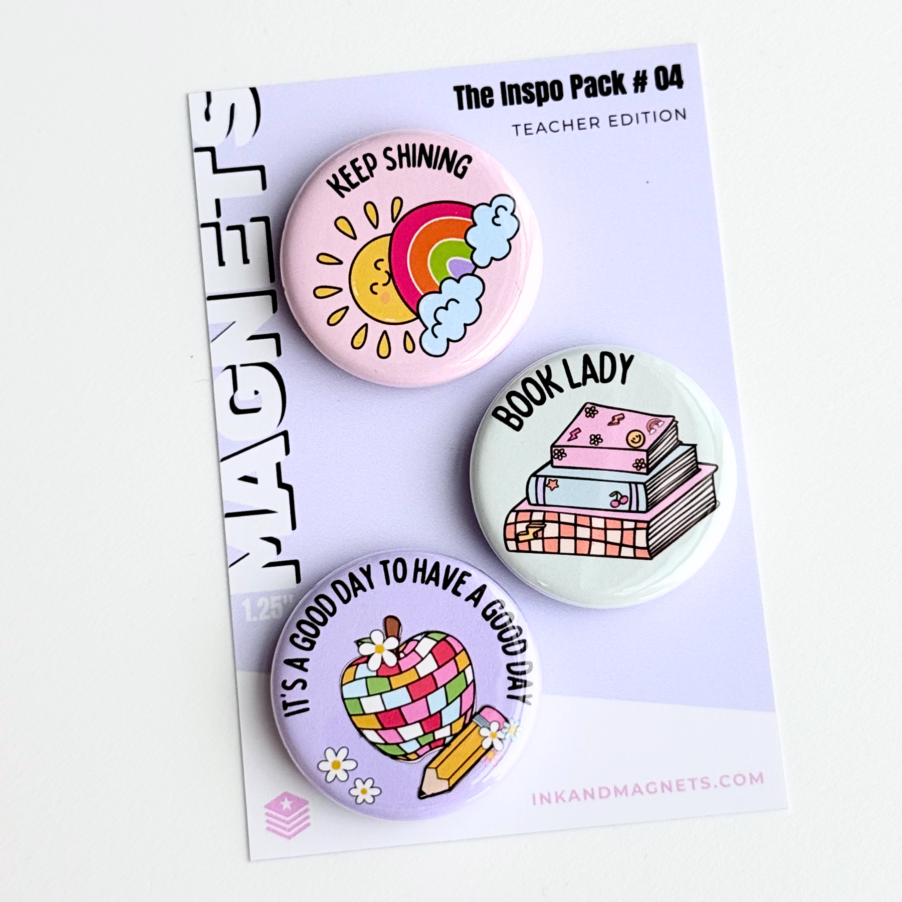 Cute button magnet set in a teachers edition inspirational message pack. Great for magnetic classroom boards or teacher appreciation gifts.