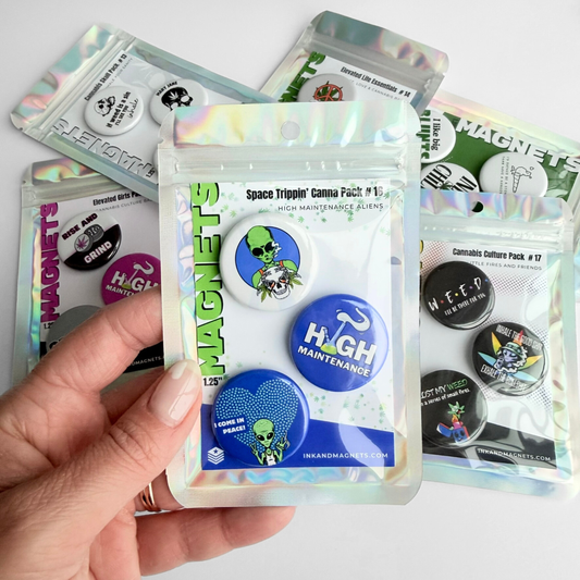 Cannabis button magnet pack featuring alien and high vibes designs, small round magnets shown in packaging as a 420 friendly fridge set.