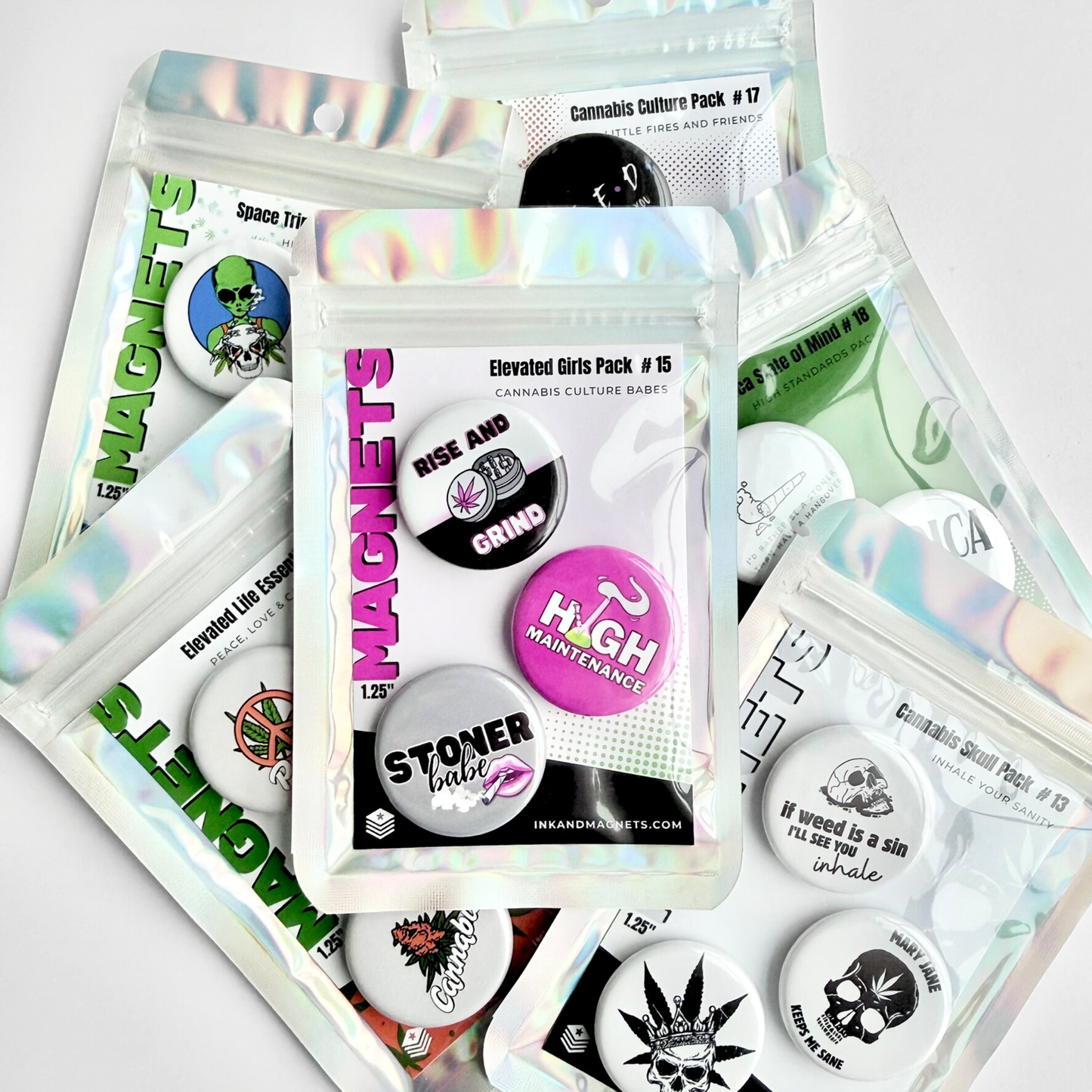 Collection of cannabis button magnet packs featuring 420 themed novelty designs, displayed in retail packaging as assorted fridge magnet sets.