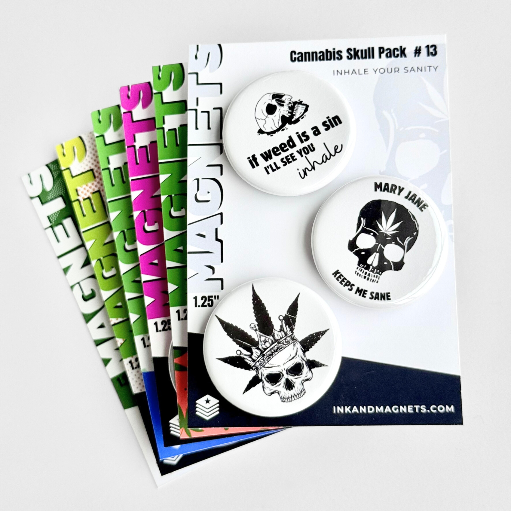 Cannabis button magnet pack collection featuring 420 novelty fridge magnets, designed for dispensary merch and retail display.