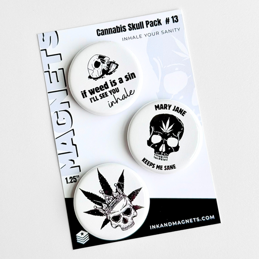 Cannabis Skull pack 13 button magnet pack with 420 novelty fridge magnets displayed on branded Ink and Magnets card