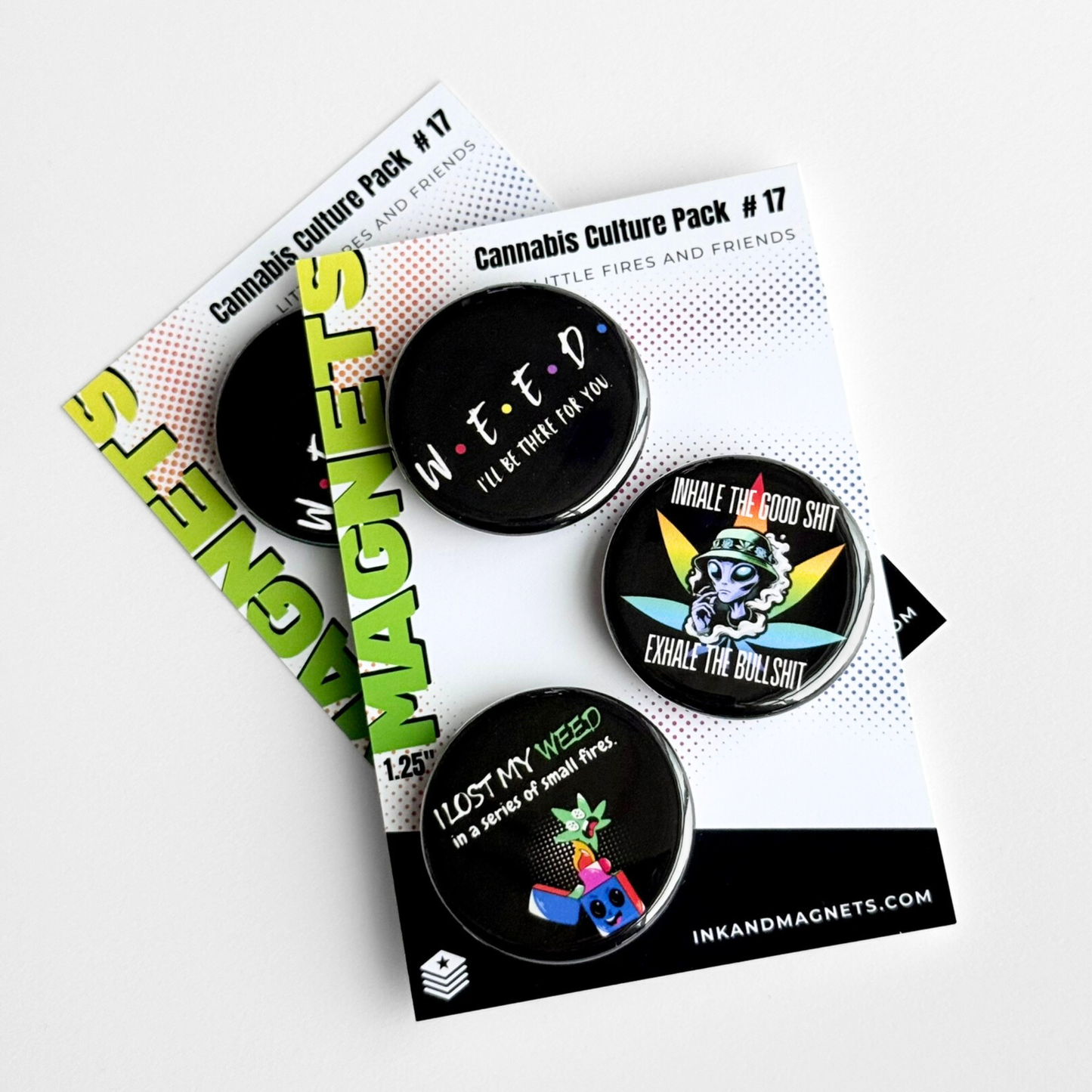 Novelty button magnet pack featuring funny and relatable cannabis friendly moments and graphics, also available is pin packs.