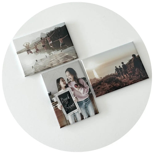 Custom photo magnets with back to school and summer memory photos, styled as a meaningful gift idea for teachers and a sentimental magnetic display for home or classroom.