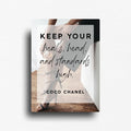 Fridge magnet with coco chanel inspirational quote that reads "keep your heals, head, and standards high" with a background image of a woman in heals.