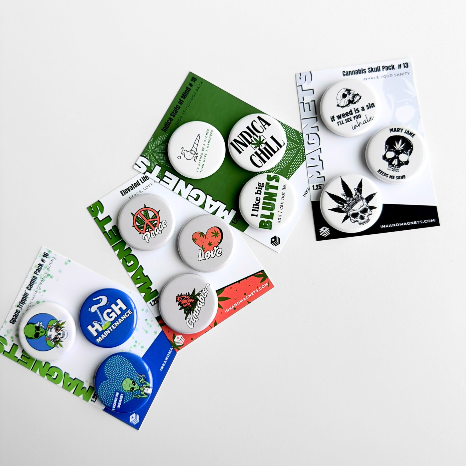 Multiple cannabis button magnet packs arranged on retail package card showing a collectible set of 420 novelty fridge magnets.