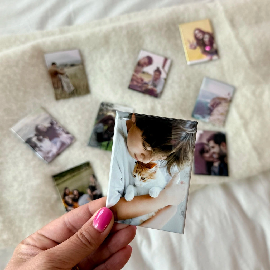 Personalized photo magnet capturing a tender child-and-pet moment—an everyday photo souvenir that turns memories into something you can keep close.