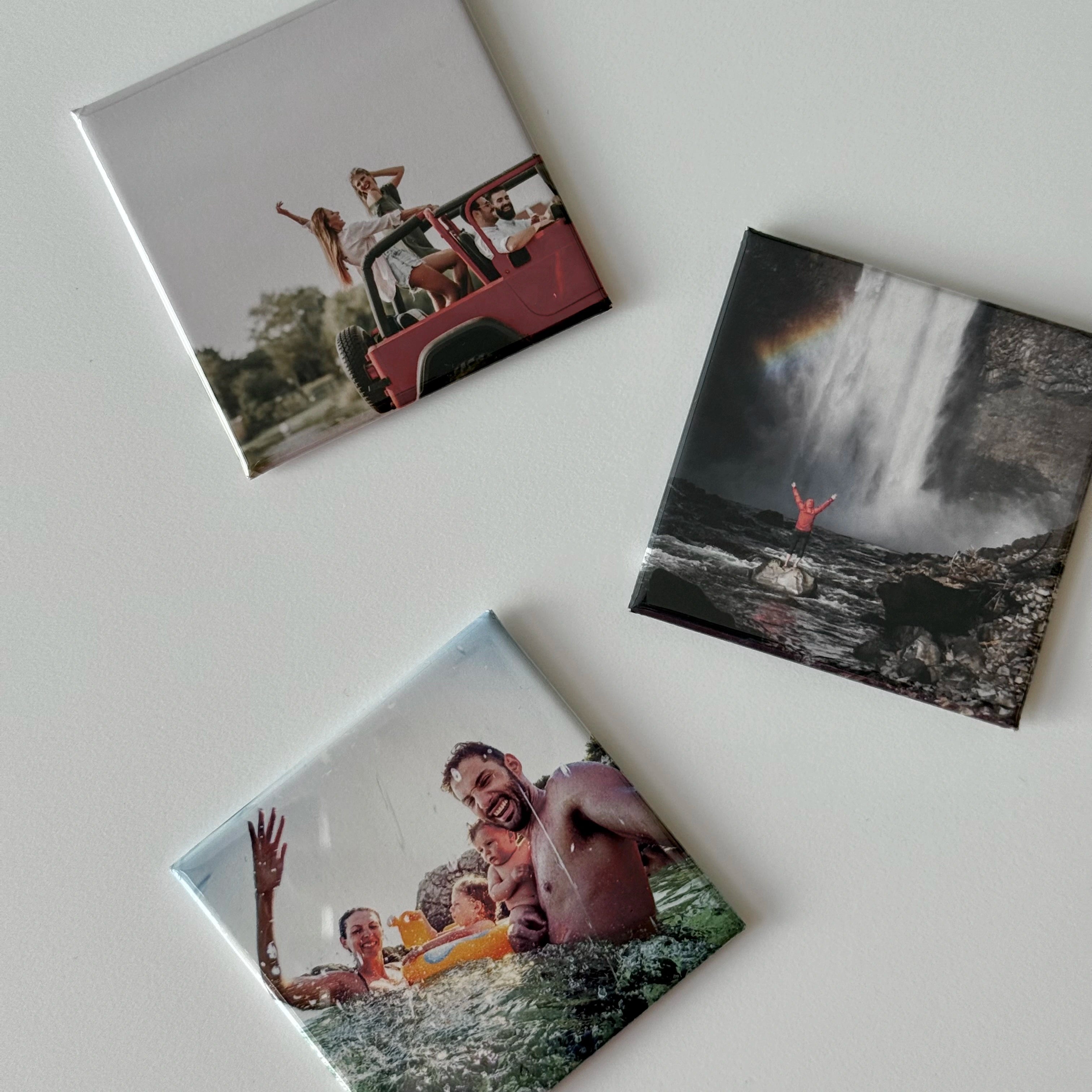 Custom photo magnets showing family and friends enjoying outdoor water fun, perfect personalized gift or travel keepsake for cherished memories.